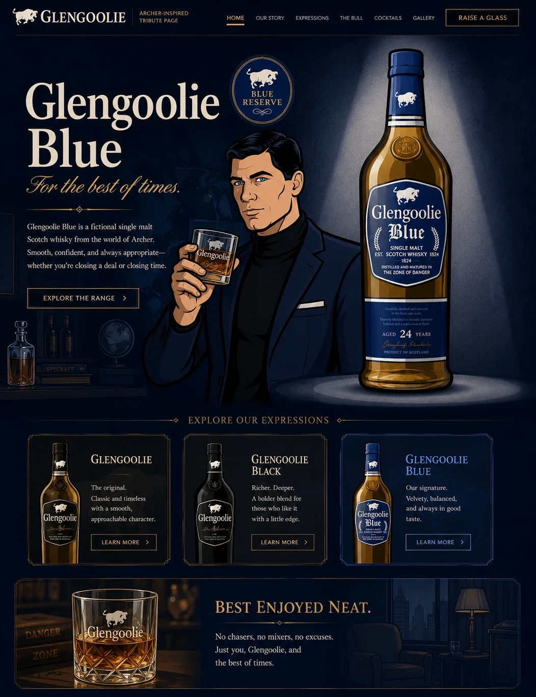 Glengoolie Blue fan tribute page featuring a fictional Scotch bottle, a retro spy illustration, product cards and the slogan For the best of times.